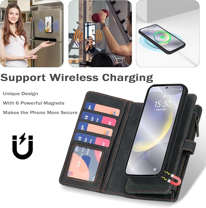 TwoHead Phone Case Wallet Compatible with Samsung Galaxy S24 Plus | Card Holder, Detachable, Magnetic, PU Leather, All-Round Protective, Phone Case Wallet, Wrist Strap,Black