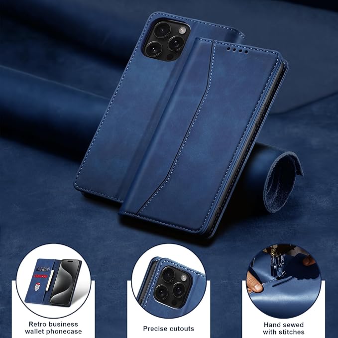 Jasonyu Flip Wallet Case for iPhone 15 Pro Max,Leather Magnetic Folio Cover with Card Holder,Kickstand - TPU Shockproof Durable Protective Phone Case,Blue