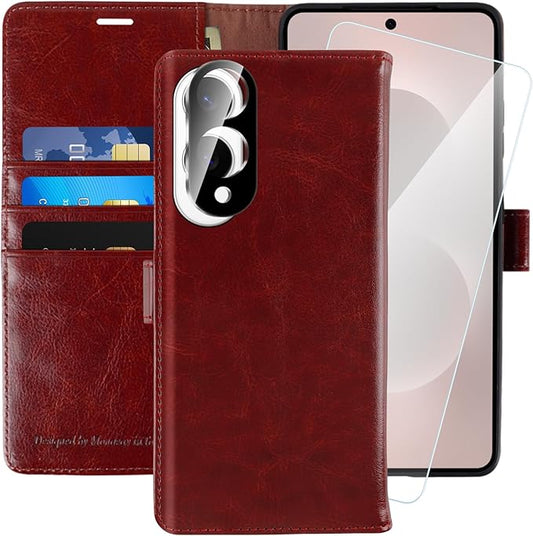 MONASAY Wallet Case Fit for Samsung Galaxy S25 Edge 5G，[Lens & Glass Screen Protector] [RFID Blocking] Flip Folio Leather Cell Phone Cover with Credit Card Holder, 6.7 inch, Burgundy