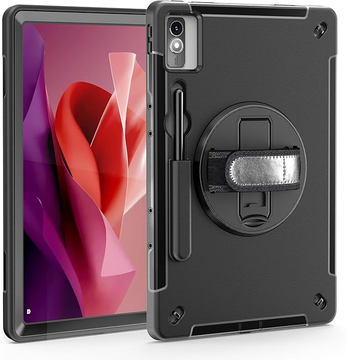 ZenRich Tablet Case for Lenovo Tab P12 12.7 Inch 2023/2024 Release, with 360° Rotating Kickstand, Hand Strap & Shoulder Belt - Heavy Duty Shockproof Rugged Protective Cover