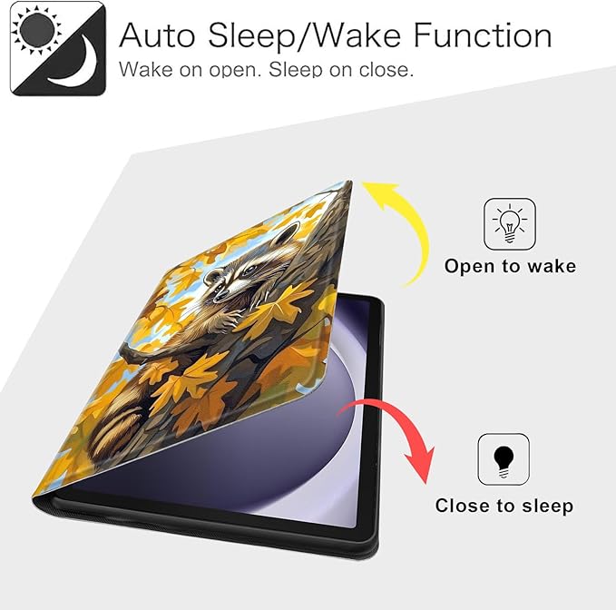 Case for Samsung Galaxy Tab A9 8.7-Inch 2023, Slim PU Leather Stand Cover with Auto Wake/Sleep, Multi-Angle Viewing & Shockproof, Raccoon Perched