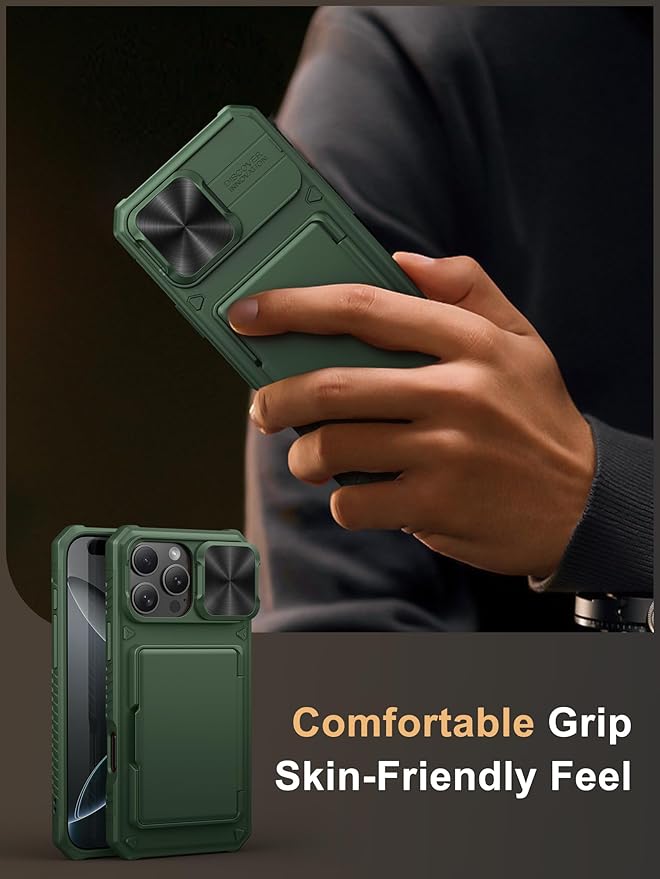 Vihibii for iPhone 16 Pro Case with Card Holder (4 Cards) [RFID Blocking] & Slide Camera Cover, Military Grade Drop Protection, Rugged Hard Back & Silicone Edge Wallet Phone Cover, 6.3" 2024, Green