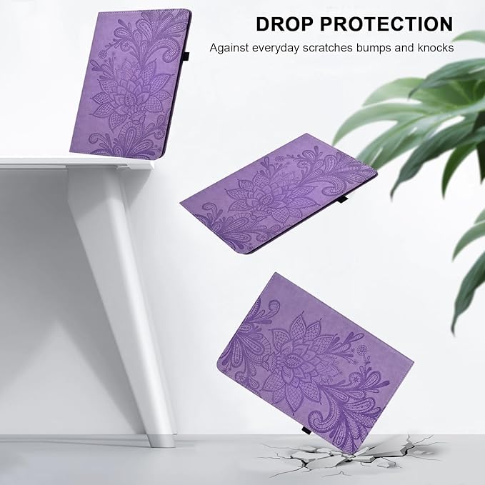 Case for Lenovo Tab M10 Plus 3rd Gen 10.6 Inch 2022 (TB125FU/128FU), Embossed Lace PU Leather Flip Folio Tablet Case with Elastic Band & Card Slots/Holder, Multi-Angle Viewing Stand Cover, Purple