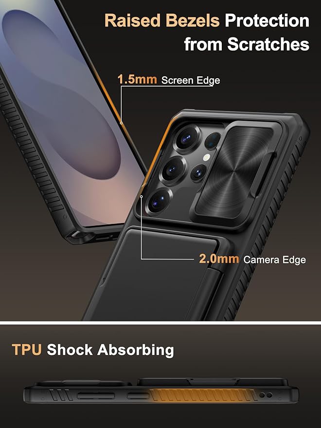 Vihibii for Samsung Galaxy S25 Ultra Case with Card Holder (4 Cards), [RFID Blocking] & Slide Camera Cover & Military Grade Drop Protection, Heavy Duty Wallet Cover for Samsung Galaxy S25 Ultra, Black