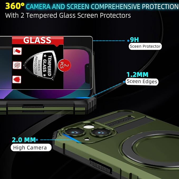 for iPhone 13 Case Magnetic Compatible with MagSafe Wireless Charging,with 2 Screen Protectors,Built-in Kickstand Ring,Shockproof Shock-Absorbent Scratch Resistant Heavy Duty Protection Green
