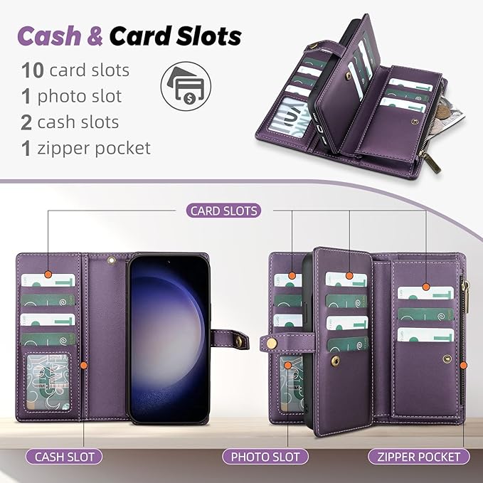 TwoHead for Samsung Galaxy S23 Wallet Case with Card Holder & Detachable Magnetic Phone Case for Galaxy S23,PU Leather Shockproof Protective Phone Cover Wallet with Wrist Strap(6.1 in,Deep Purple)