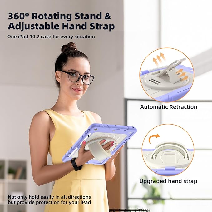 Case for iPad 9th/8th/7th Generation-Built-in Screen Protector,with Pencil Holder&360°Rotating Hand Strap,Shoulder Strap,Case for iPad 10.2 inch 2021-2019(Purple/Beige)