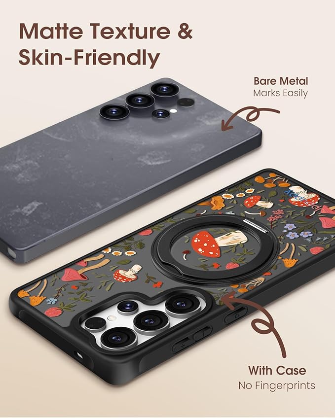 for Samsung Galaxy S25 Ultra Case with 360° Rotatable Magnetic Ring - Compatible with MagSafe, Semi-Transparent Soft-Touch Material Shockproof, Cute Mushroom Design for Women Girl