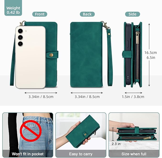 TwoHead for Samsung Galaxy S23 Plus Wallet Case with Card Holder,Detachable Magnetic Phone Case for Galaxy S23 Plus,PU Leather All-Round Protective Phone Cover Wallet with Strap(6.6 in,Green)