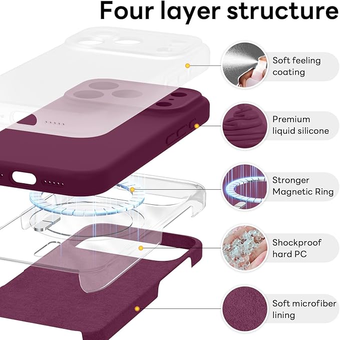 Vooii Magnetic Compatible with iPhone 17 Pro Case (Compatible with Magsafe) (Upgraded Camera Protection) Liquid Silicone Shockproof Full Body Protective Phone Cover for Women Men, WineRed, 6.3”