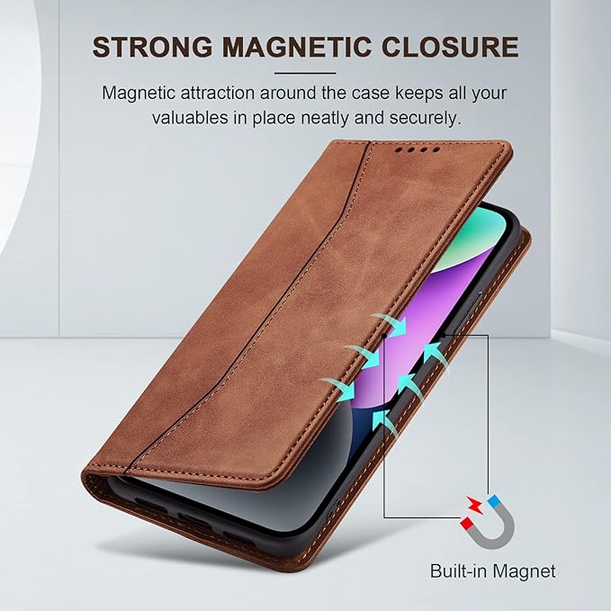 Jasonyu Flip Wallet Case for iPhone 14 Plus 5G,Leather Magnetic Folio Cover with Card Holder,Kickstand - TPU Shockproof Durable Protective Phone Case,Brown