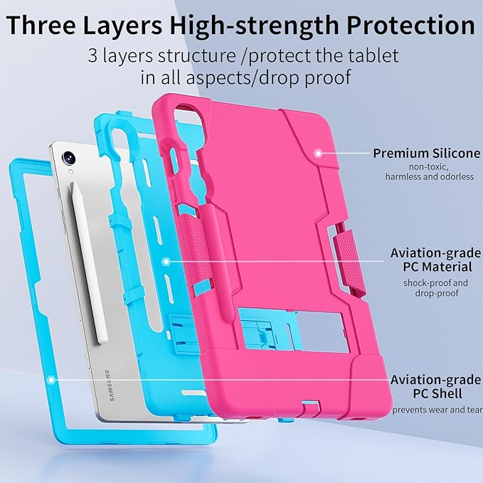 case for Galaxy Tablet S9 FE & S9 2023 (SM-X710/X718U/X716B/X510/X516B), Soft Silicone & Hard Pc 3-Layer Military Protector Cover for Tab S10 FE/S8/S7 with S-Pen Holder Stand Rose Red+Blue
