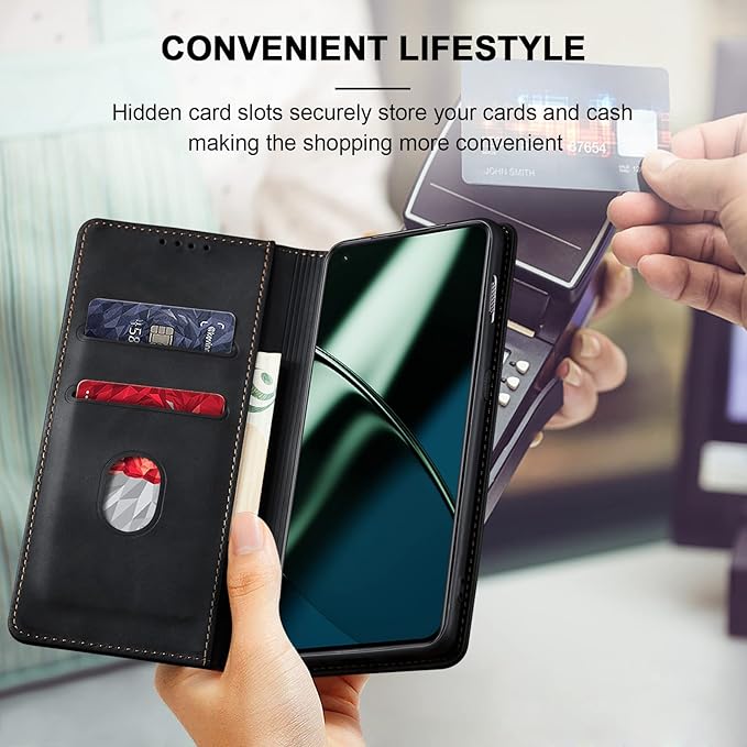 Jasonyu Flip Wallet Case for OnePlus 11 5G,Leather Magnetic Folio Cover with Card Holder,Kickstand - TPU Shockproof Durable Protective Phone Case,Black