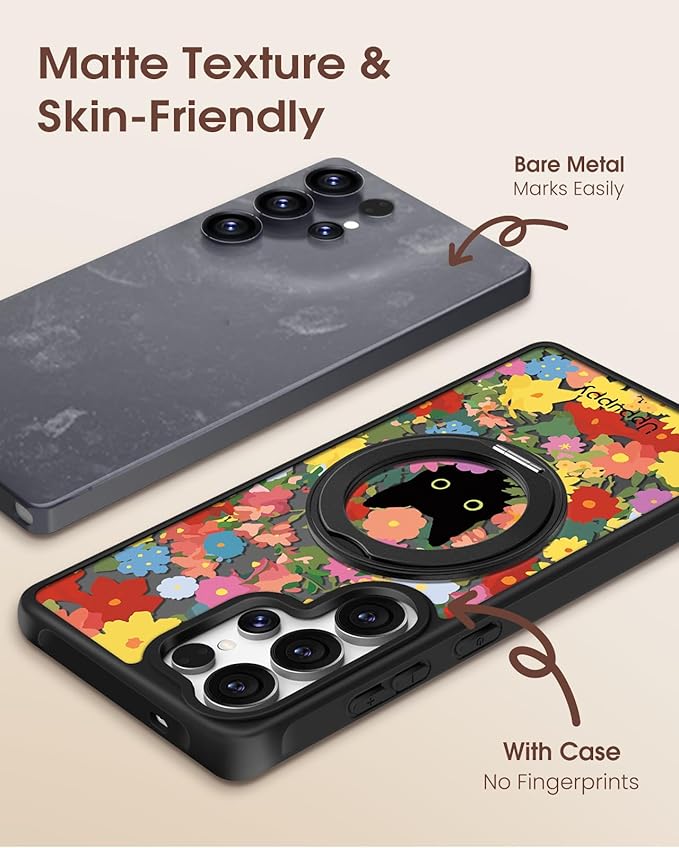 for Samsung Galaxy S25 Ultra Case with 360° Rotatable Magnetic Ring - Compatible with MagSafe, Semi-Transparent Soft-Touch Material Shockproof, Cute Black Cat & Flower Design for Women Girl