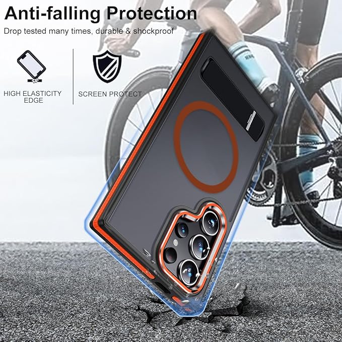 Case for Samsung Galaxy S24 Ultra with Kickstand, Compatible with MagSafe, Anti-Slip Galaxy S24 Ultra Case, 3-Modes Stand Military-Grade Protection, S24 Ultra Magnetic Cover (Black/Orange)