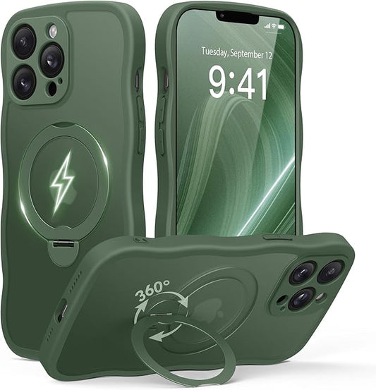 GolbinBox for iPhone 13 Pro Case for Women,[Compatible with Magsafe][360° Spin Magnetic Stand][Cute Wave Edge][Military-Grade Protection] Translucent Matte Phone Case for iPhone 13 Pro, Green