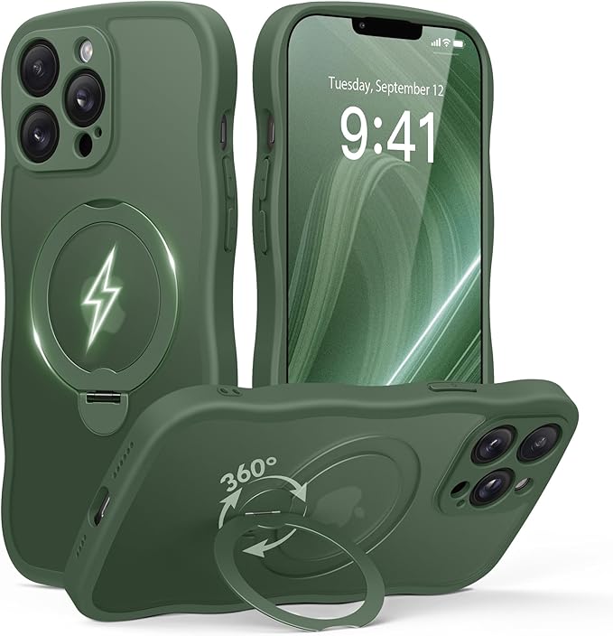 GolbinBox for iPhone 13 Pro Max Case for Women,[Compatible with Magsafe][360° Spin Magnetic Stand][Cute Wave Edge][Military-Grade Protection] Translucent Matte Phone Case for iPhone 13 ProMax, Green