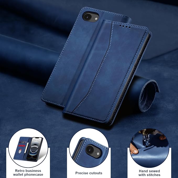 Jasonyu Flip Wallet Case for iPhone 16E,Leather Magnetic Folio Cover with Card Holder,Kickstand - TPU Shockproof Durable Protective Phone Case,Blue