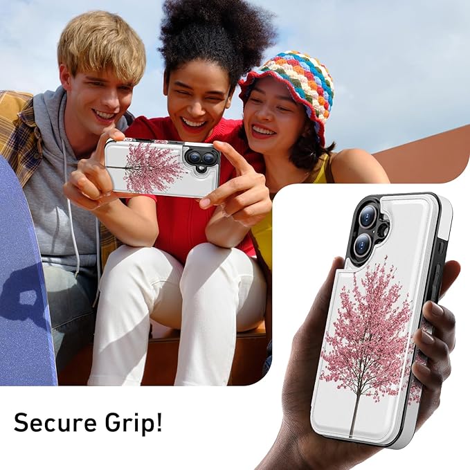 FUNMIKO for iPhone 16 Plus Wallet Case with Card Holder, RFID-Blocking, Military-Grade Protection & UV-Printed Artwork, Magnetic Closure with Leather Kickstand - Blooming Cherry Tree