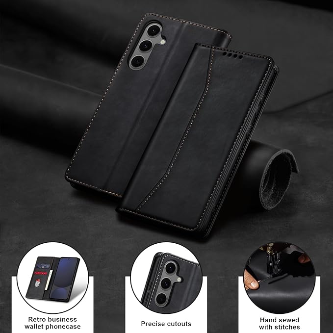 Jasonyu Flip Wallet Case for Samsung Galaxy S24 FE,Leather Magnetic Folio Cover with Card Holder,Kickstand - TPU Shockproof Durable Protective Phone Case,Black