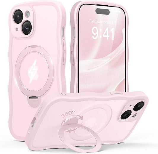 GolbinBox for iPhone 15 Case for Women,[Compatible with Magsafe][360° Spin Magnetic Stand][Cute Wave Edge][Military-Grade Protection] Translucent Matte Phone Case for iPhone 15, Chalk Pink