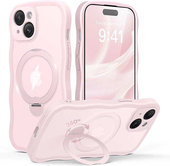GolbinBox for iPhone 15 Plus Case for Women,[Compatible with Magsafe][360° Spin Magnetic Stand][Cute Wave Edge][Military-Grade Protection] Translucent Matte Phone Case for iPhone 15 Plus, Chalk Pink