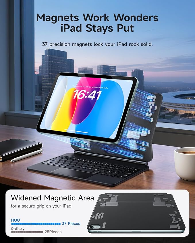 HOU Keyboard Case for iPad A16 11/10, Magnetic Magic-Stand, Floating Design, Durable Spindles, Multi-Touch Trackpad, 7 Colors Backlit, Stain Resistant PU, Bluetooth