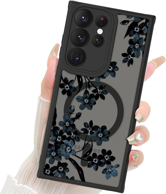 Fiyart Designed for Samsung Galaxy S22 Ultra Case Matte Flowers Design Compatible with MagSafe Wireless Charging,Cute Floral Anti-Scratch Translucent Phone Cover for Women Girls 6.8"-Black