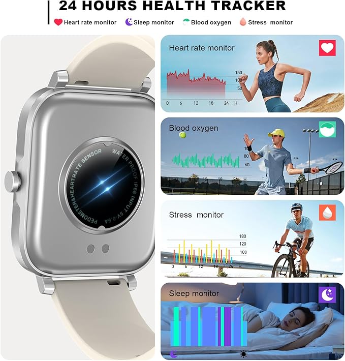 Smart Watch for Men Women Compatible with iPhone Samsung Android Phone 1.69 inch Full Touch Screen IP68 Waterproof Bluetooh Fitness Tracker Heart Rate/Sleep Monitor (Starlight)