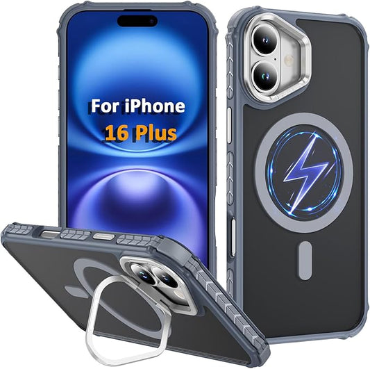 Magnetic for iPhone 16 Plus Case Gray with MagSafe Wireless Charging Heavy Duty Military-Grade Shockproof Protection Adjustable Kickstand Slim Matte Anti-Fingerprint Cover Men Women