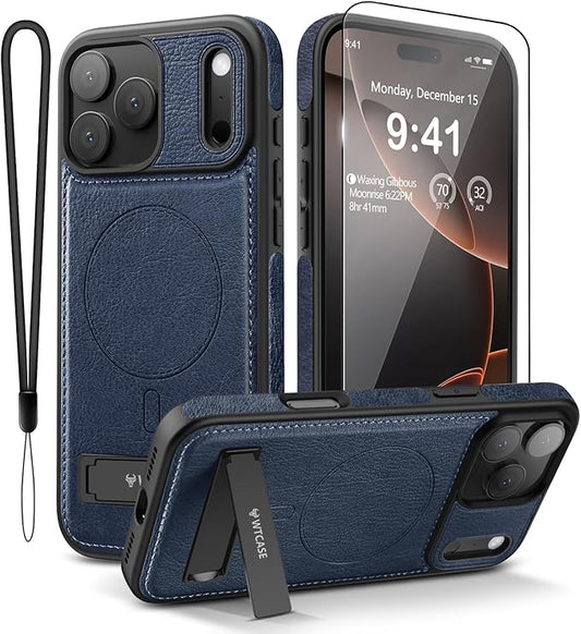Magnetic for iPhone 17 Pro Max Leather Case,Built-in Invisible Stand [Compatible with Magsafe] Protective Slim Kickstand Phone Cover for iPhone 17 Pro Max, Blue