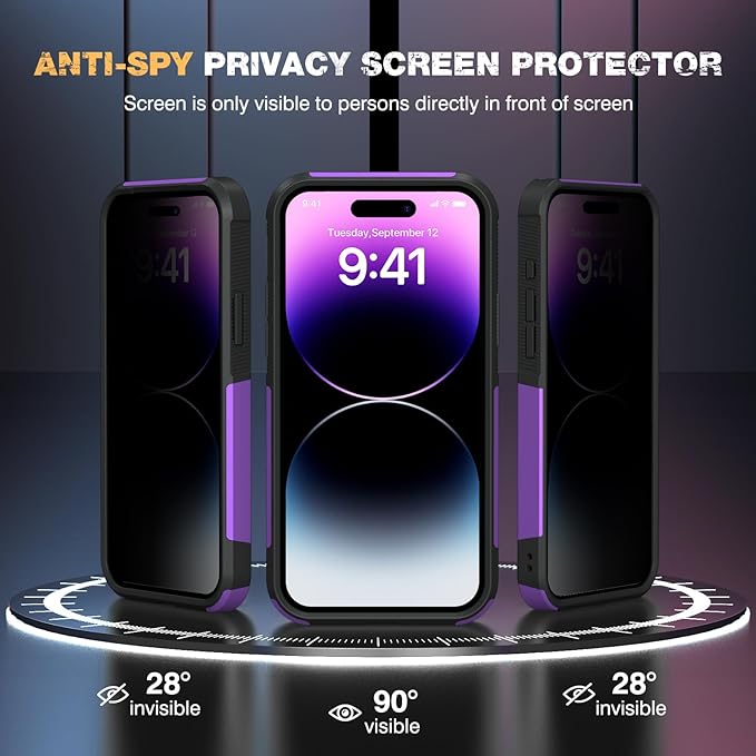 Diaclara Designed for iPhone 14 Pro Case, [with Privacy Screen Protector] [Anti Spy] [Military Grade Drop Protection] Heavy Duty Full-Body Shockproof Phone Case, Purple