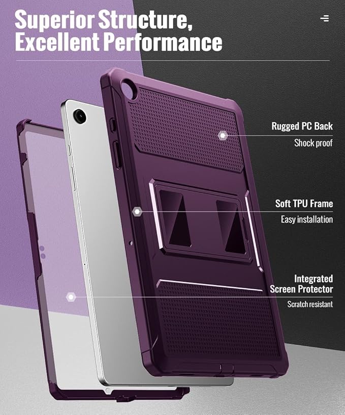 MoKo Case Fit Galaxy Tab A9 Plus 11-Inch 2023 (SM-X210/X216/X218), Shockproof Full Body Rugged Stand Back Cover Built-in Screen Protector Fit Galaxy Tab A9+ 11" 2023, Dark Purple