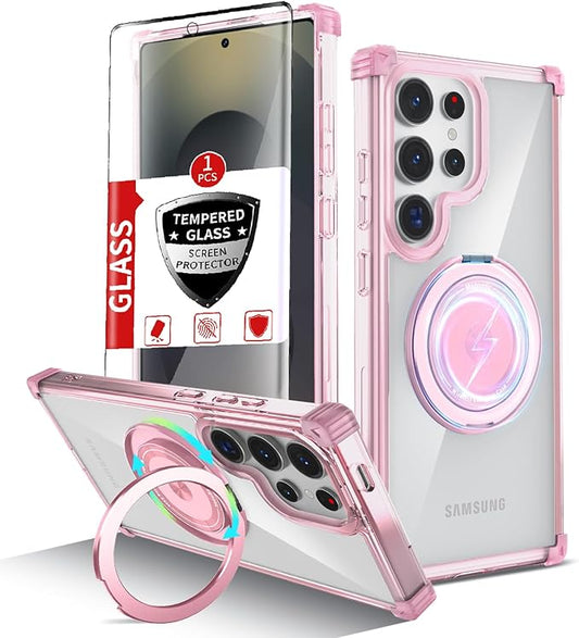 for Samsung Galaxy S25 Ultra Case Compatible with MagSafe Magnetic,with Screen Protector,with Kickstand Ring Military Grade Drop Heavy Duty Protection Shockproof for S25 Ultra Phone Case Pink