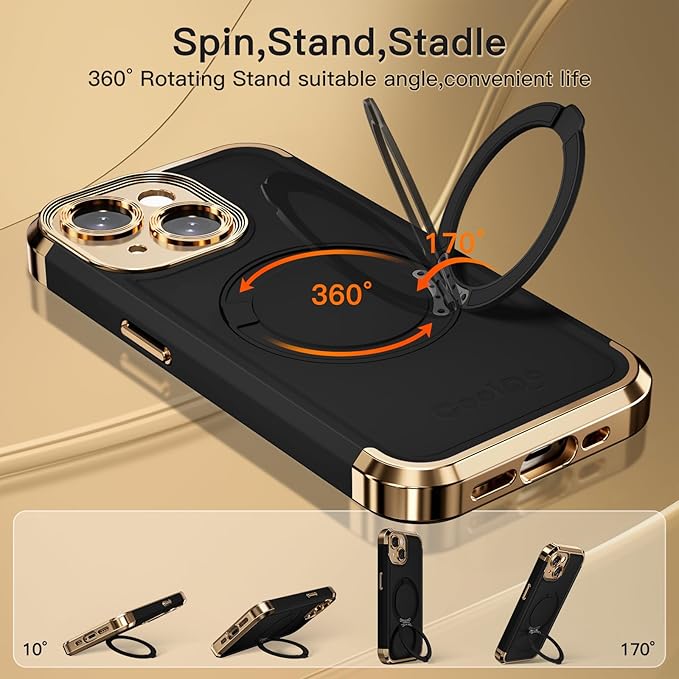 COOLQO for iPhone 13 Case 6.1'' Upgraded 360° Spin Magnetic Stand [Compatible with Magsafe][Military Protection] Plating Matte Scratch-Resistant Back Protective Shockproof Phone Case, Black Gold