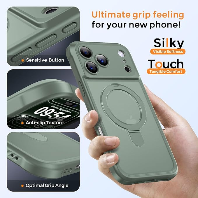 MOCCA Compatible with iPhone 17 Pro Case with Magnetic Invisible Stand [Full Camera Protection] [Compatible with Magsafe] Military Drop Shockproof Translucent Matte Phone Case Cover 6.3",Calke Green