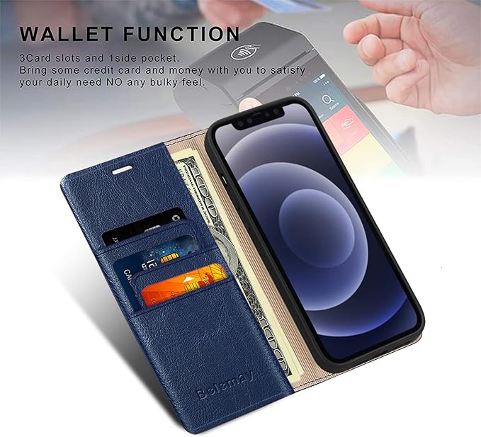 Belemay Compatible with iPhone 14 Plus Wallet Case-Genuine Leather Flip Phone Case-RFID Blocking Card Holders-Shockproof TPU Shell Folio Cover Women Men Compatible with iPhone 14 Plus (6.7-inch) Navy