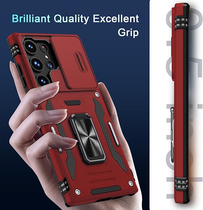 DEERLAMN Case for Samsung Galaxy S25 Ultra with Slide Camera Cover+Screen Protector (1 Pack), Rotated Ring Kickstand Military Grade Shockproof Protective Cover-Red