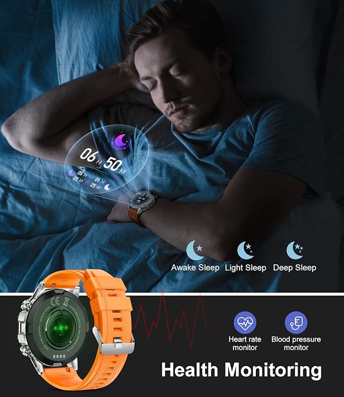 Military Smart Watch for Men(Answer/Dial Calls),100 Sports Modes, 5ATM Waterproof,1.39''HD Touchscreen Fitness Watch,with Heart Rate/Blood Pressure/SpO2 for Android/iOS Smart Watch Orange