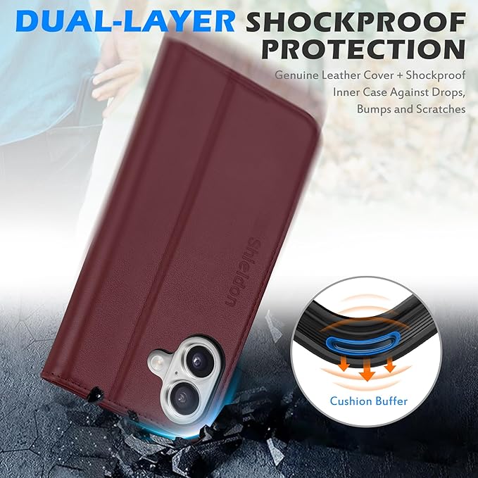 SHIELDON Wallet Case for iPhone 17 6.3-inch 2025 | Genuine Leather | Flip Magnetic | RFID Blocking Card Holder | Kickstand | Shockproof | Soft Shock-Absorbent Phone Cover | Wine Red