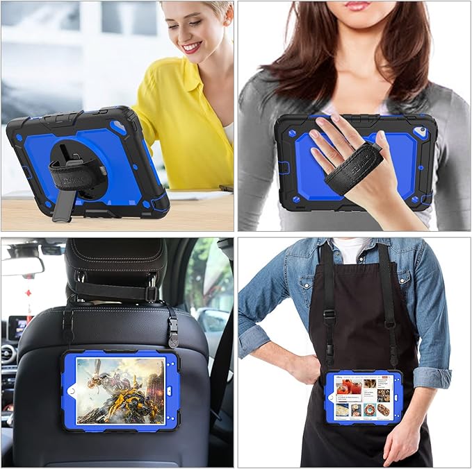 SEYMAC stock Case for iPad mini 5/4 with Screen Protector Pencil Holder [360 Rotating Hand Strap] & Stand, Drop-Proof Case for iPad mini 5th/4th Generation 7.9 inch (Blue+Black)