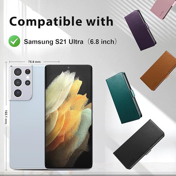 Wallet Flip Case for Samsung Galaxy S21 Ultra 5G - [RFID Blocking] Luxury PU Leather Card Holder Magnetic Phone Cover with Kickstand,Shockproof Protective Case,Purple