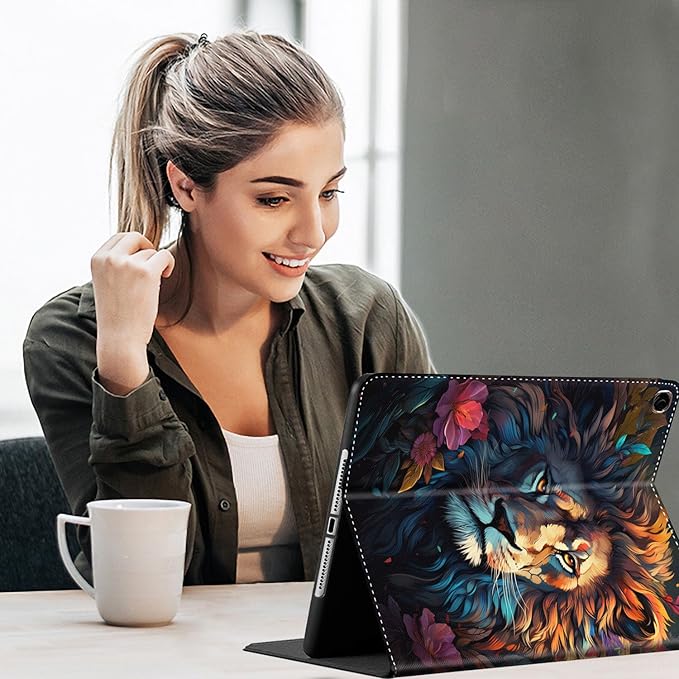 Case for Galaxy Tab A9 Plus ， Auto Sleep/Wake Multi-Angle Viewing Slim Folio Stand Cover for Samsung Galaxy Tab A9+/A9 Plus 11 Inch 2023 (SM-X210/X216/X218), Color Lion with Flowers