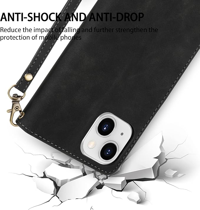 ZZXX for iPhone 14 Plus Case Wallet with [RFID Blocking] Card Slot Premium Soft PU Leather Zipper Flip Folio with Wrist Strap Kickstand Protective Cover for iPhone 14 Plus Wallet Case(Black-6.7 inch)