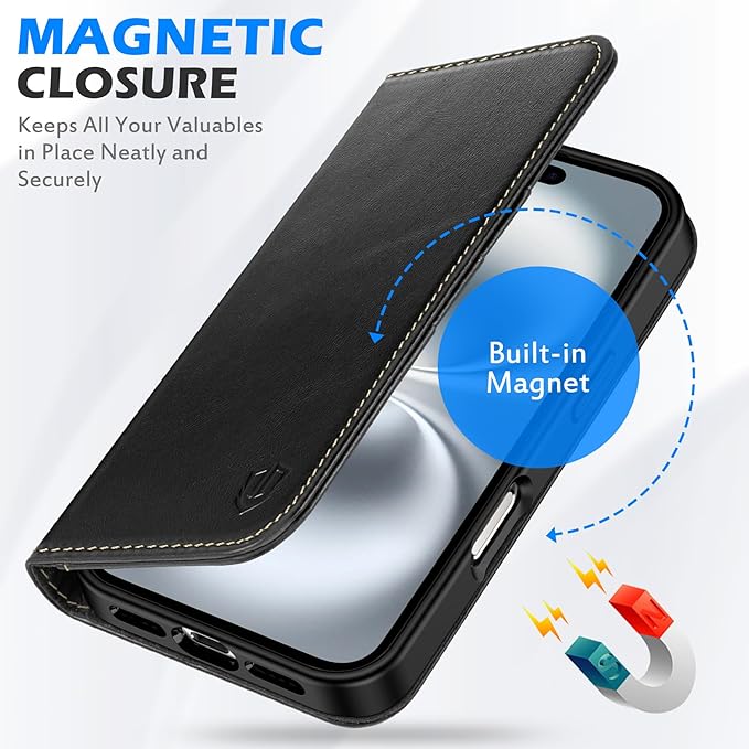 SHIELDON Case for iPhone 16 6.1" 2024, Genuine Leather Flip Wallet Case Magnetic RFID Blocking Card Holder Kickstand Shockproof TPU Protective Phone Cover Compatible with iPhone 16 - Retro Black