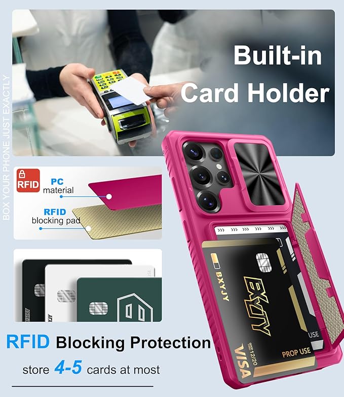 for Samsung Galaxy S25 Ultra Phone Case Wallet, Card Holder (4-5 Cards), RFID Block, Slide Lens Cover & Military Grade Drop Protection, Heavy Duty Men Women Case for Samsung S25 Ultra, Hot Pink