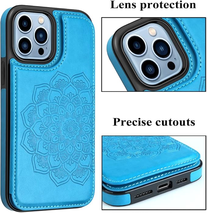 MMHUO for iPhone 15 Pro Max Case with Card Holder,Flower Magnetic Buttons Protective Wallet Case for Women for iPhone 15 Pro Max,Blue