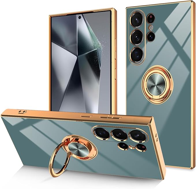 Dinick Gray for Samsung Galaxy S24 Ultra Case with Ring Holder Kickstand [with Magnetic] Soft TPU Bumper, Glitter Gold Electroplated Cover Slim Thin Protective Phone Case for Galaxy S24 Ultra