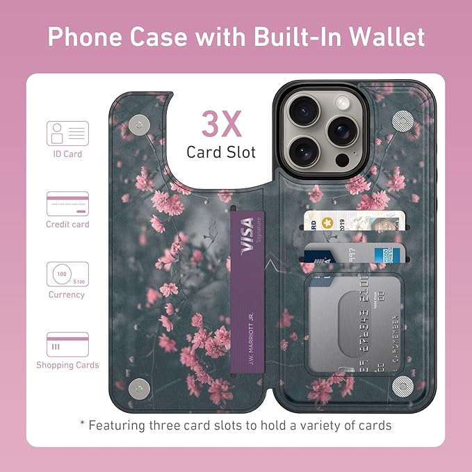 FUNMIKO for iPhone 14 Pro Wallet Case with Card Holder, RFID-Blocking, Military-Grade Protection & UV-Printed Artwork, Magnetic Closure with Leather Kickstand - Mystic Blooming Plum