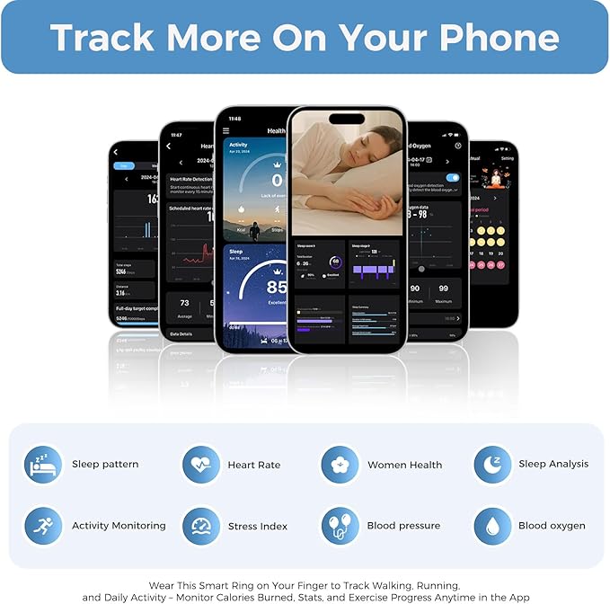 Smart Ring with Instant Notification Alerts & Gesture Control - Sleep Tracker Ring, Fitness Ring for Steps & Heart Rate, IP68 Waterproof (Silver, 11)